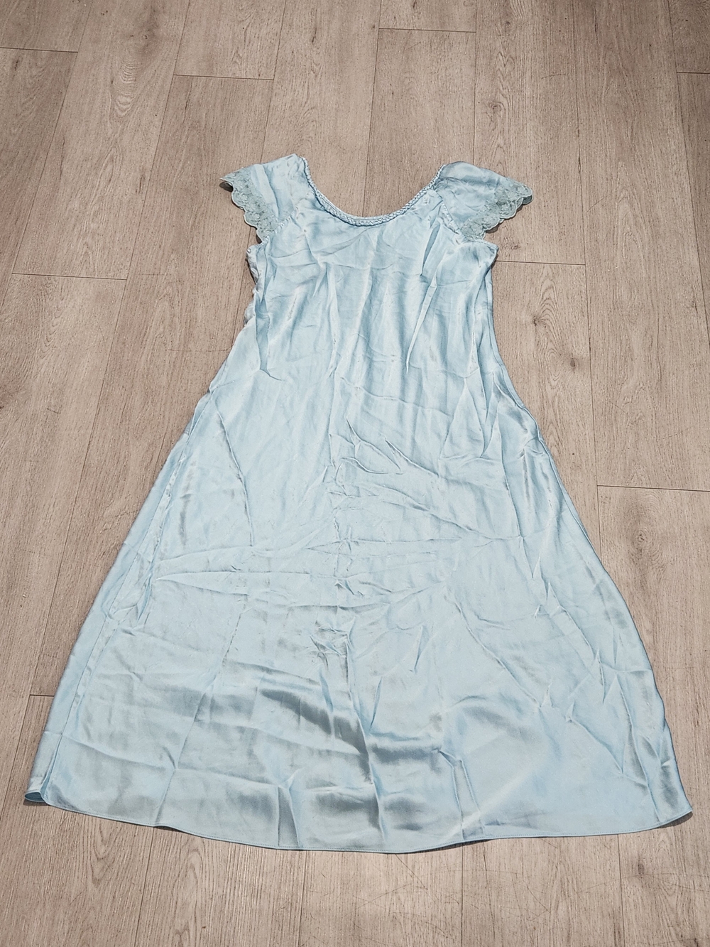 Vtg Baby Blue 100% Pure Silk & Lace Maxi Nightgown Slip